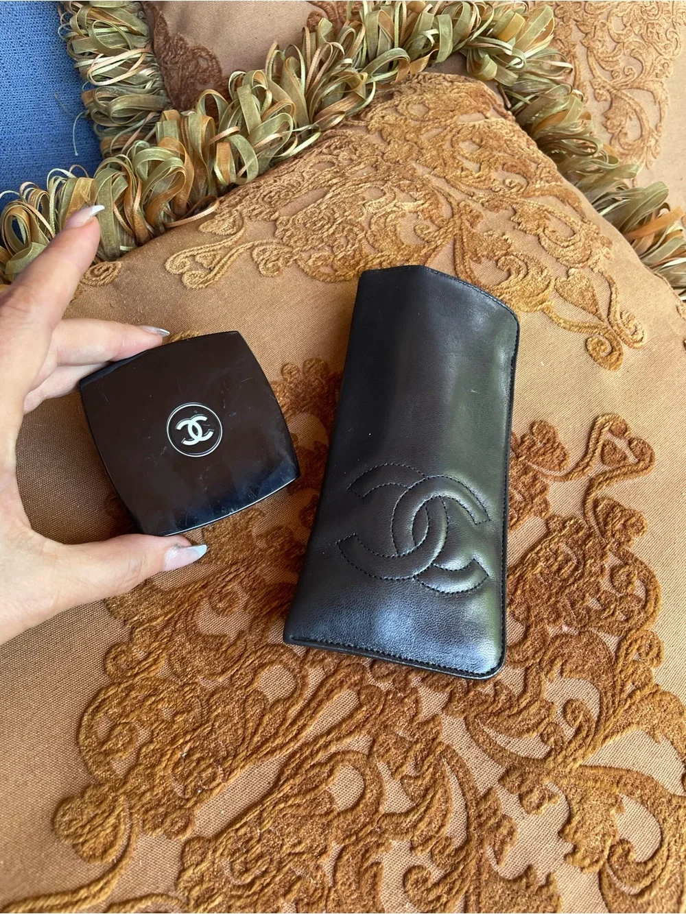 Chanel Black Leather Sunglasses Case with Logo, and Chanel mirror